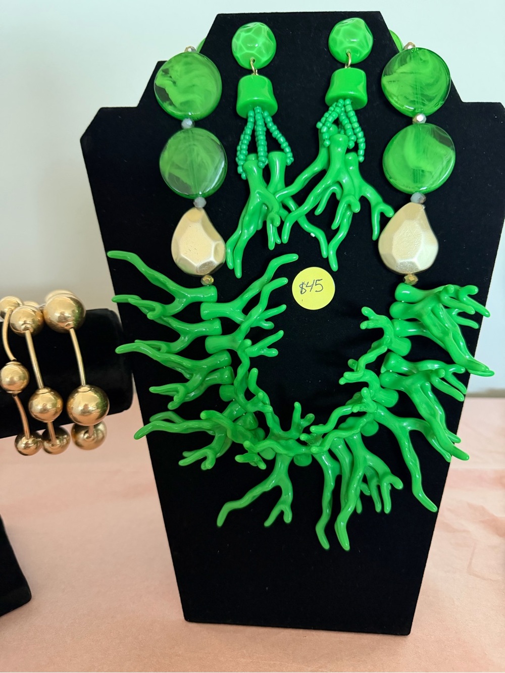 Vibrant Neon Green Coral Statement Necklace & Earrings Set
